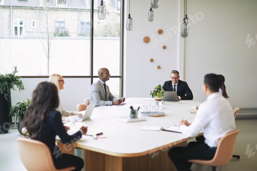 Preview: Diverse businesspeople sitting around a boardroom table discussing work