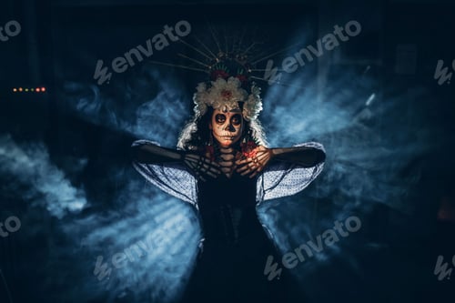 Preview: Woman with mexican skull halloween makeup in dark. Day of the dead Dia de los Muertos.