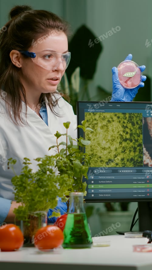 Preview: Two scientists talking about vegan meat sample typing biotechnology expertise