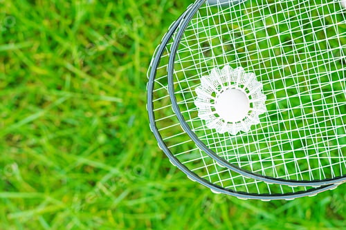 Preview: Shuttlecock and badminton rackets on a green lawn