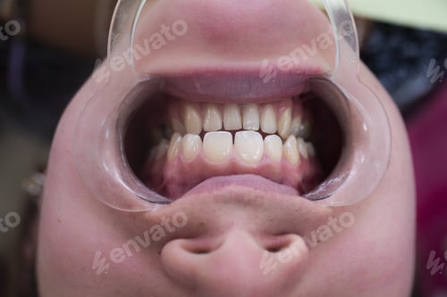 Preview: Closeup shot of a female patient with an opened mouth for the dentist