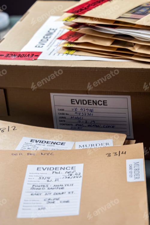Preview: Files and evidence bag in a crime lab, conceptual image