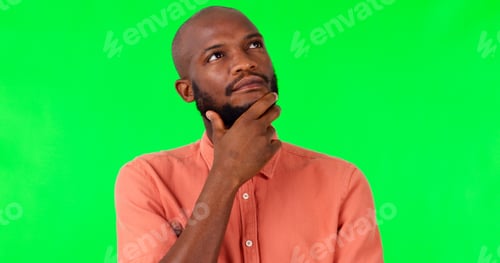 Preview: Black man, thinking and mindset on green screen, decision and brainstorming, mockup space on studio