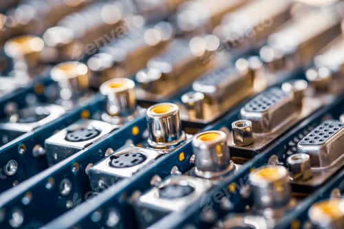 Preview: Close-up blurry metal sockets on a computer video board