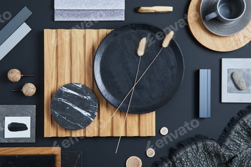 Preview: Stylish flat lay comosition of creative architect moodboard with black, beige and grey