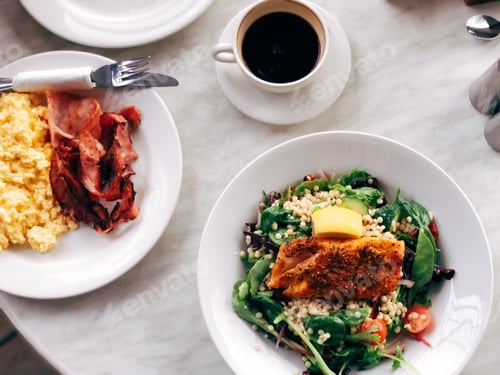 Preview: Salad with salmon and coffee cup