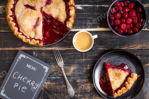 Preview: Cherry pie, cup of coffee and menu chalkboard
