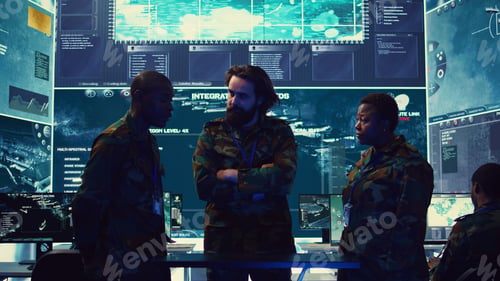 Preview: Brigadier general and his staff studying radar data on a holographic image
