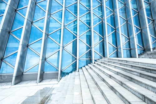 Preview: Shenzhen, China - August, 2019: background of modern building, wall reflection with blue sky