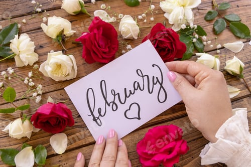 Preview: Hands with card FEBRUARY near red and cream flowers close up on a wooden table