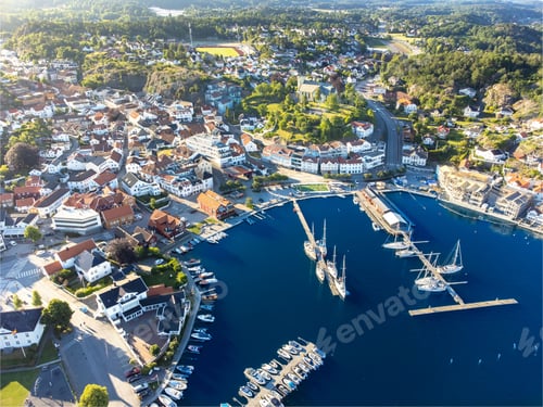 Preview: Aerial view of seaside Grimstad city in Agder County In Norway