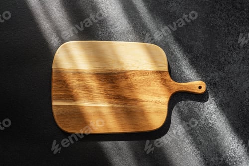 Preview: Wooden cutting board with natural grain pattern under sunlight on dark surface