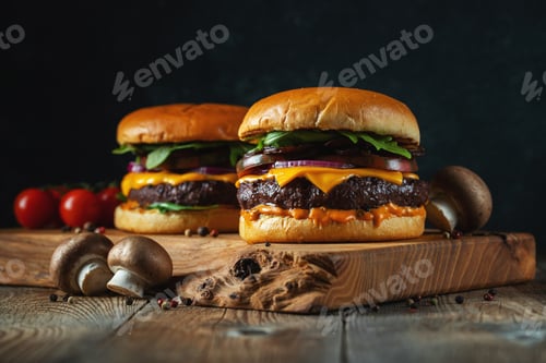 Preview: Two delicious homemade burgers of beef, cheese and mushrooms on an wooden table. Fat unhealthy food