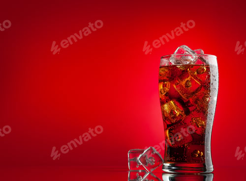 Refreshing Cola Drink with Ice on Red Background