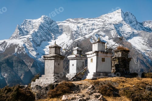 Preview: old buildings in snowy mountains with blue sky, Nepal, Sagarmatha Zone, november 2018