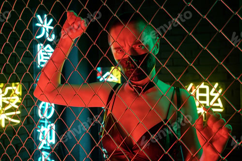 Preview: Cyberpunk girl standing behind the bars