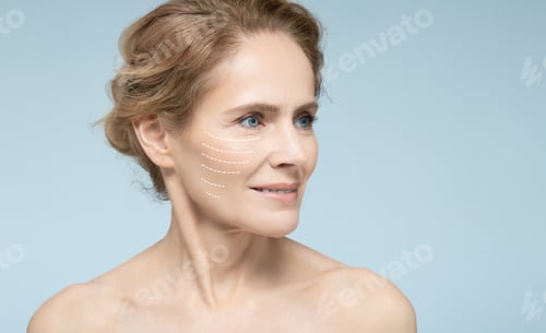 Preview: Portrait of beautiful mature woman with perfect skin of face, with arrows on face, concept of