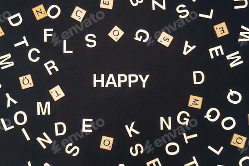 Preview: HAPPY word written on dark paper background. HAPPY text for your concepts