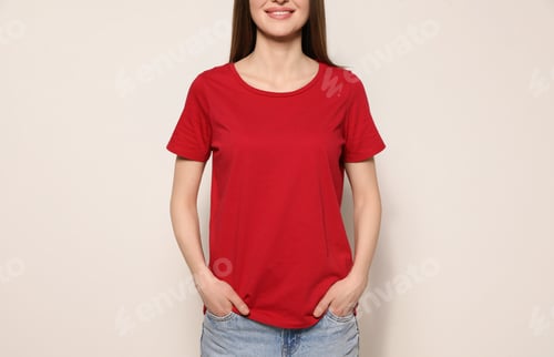 Preview: Young woman in t-shirt on light background, closeup. Mock up for design