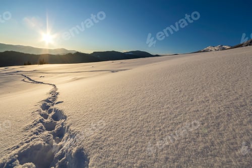 Preview: Winter Christmas landscape. Human footprint track path in crystal white deep snow