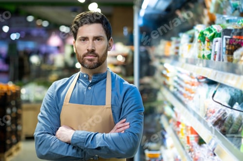Preview: Confident grocery store worker standing in aisle with crossed arms