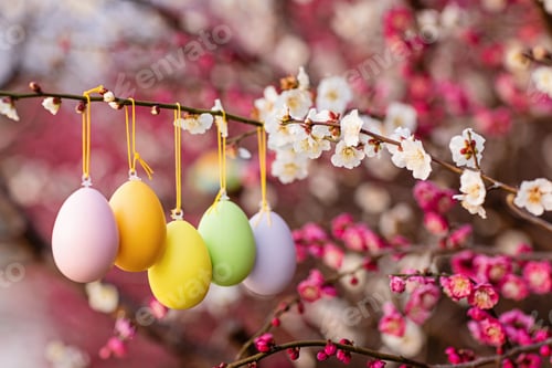 Preview: Bright and colorful Easter eggs hanging on blooming plum tree branch in park. Holiday background