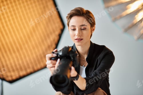 Preview: young pretty female photographer in casual attire looking at photos on her camera in studio