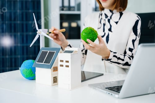 Preview: business people working and green renewable energy worker interface.