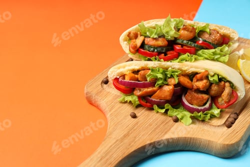 Preview: Board with pitas with chicken meat on two tone background