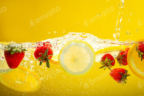 Preview: Concept of fresh summer fruits, fruits in water