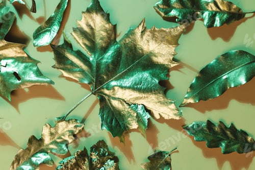 Preview: Metallic gold autumn leaves lying on orange background