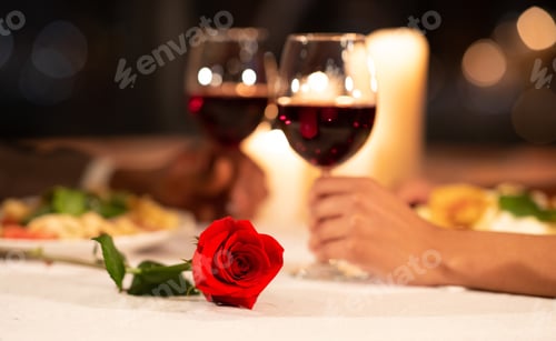 Preview: Hands Clinking Glasses On Served Restaurant Table. Shallow Depth
