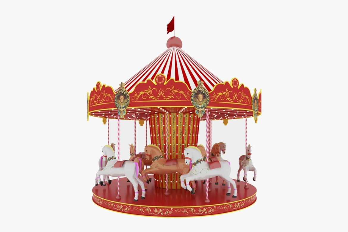Carousel Ride with Animated Horses 3D, Incl. amusement park & room - Envato