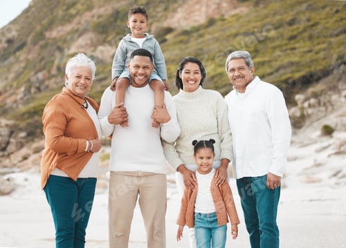 Preview: Family beach day. Cropped shot of an affectionate family of six on the beach.