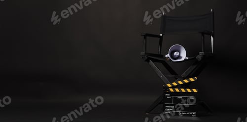 Preview: Black director chair and Clapper board with yellow megaphone on black background.