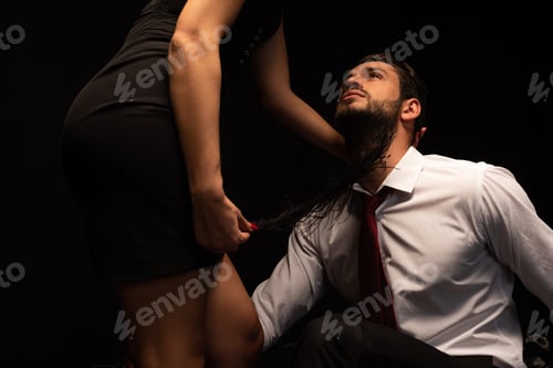 Preview: beautiful passionate couple of lovers flirting on bed in dark room