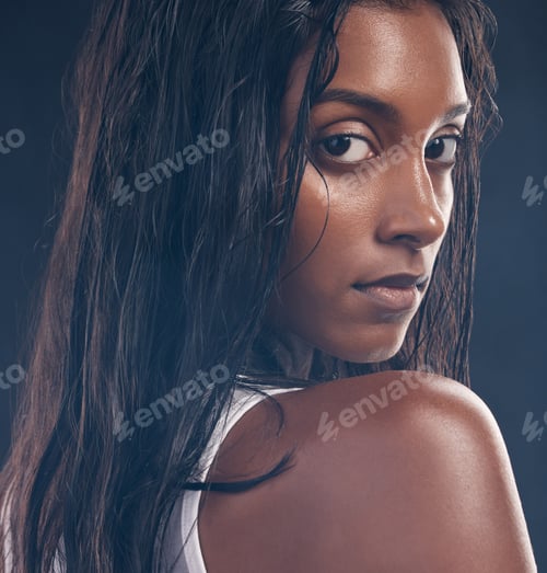Preview: Black woman, studio portrait and fitness for beauty, wellness and healthcare by black background. Y