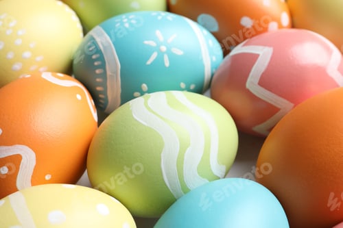 Preview: Many beautiful painted Easter eggs as background, closeup