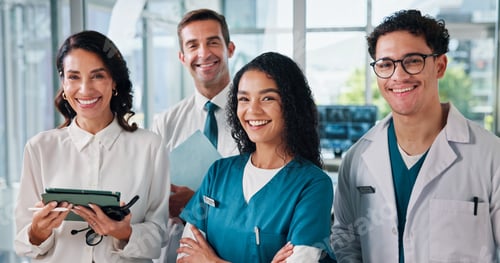 Preview: Happy people, portrait and doctor with group in confidence for health development or assistance at