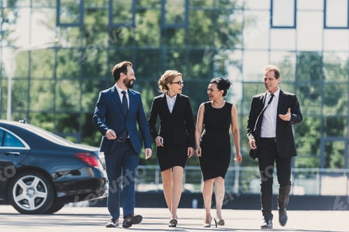 Preview: professional team of middle aged multiethnic businesspeople walking together and talking in city
