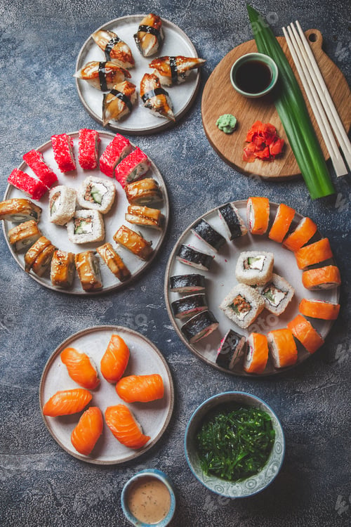 Preview: Sushi and rolls sets. Japonese food. top view