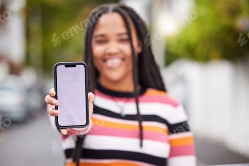 Preview: Mockup, phone and portrait, screen and black woman in road for travel, advertising and copy space.