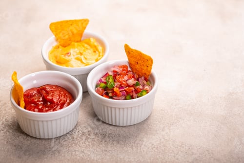 Preview: Three mexican salsa, pico de gallo, cheese and spicy tomato sauces