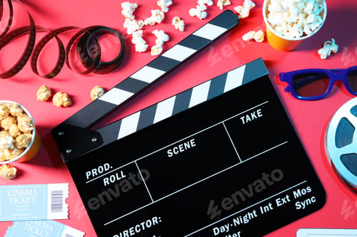Preview: Flat lay composition with clapperboard and popcorn on red background