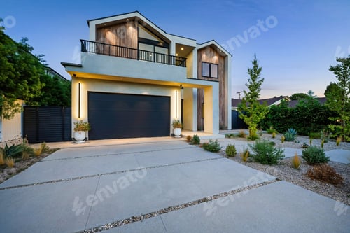 Preview: Exterior design of a modern house exterior with warm lighting