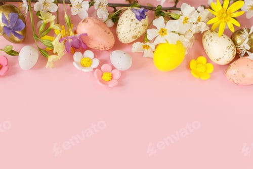 Preview: Happy Easter! Easter flat lay with stylish eggs and blooming spring flowers