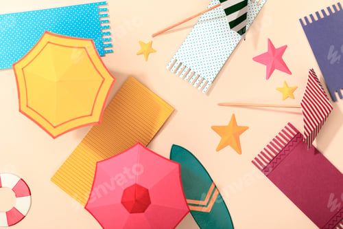 Preview: top view of paper beach with summer umbrellas and towels near lifebuoy and surfboard on sand