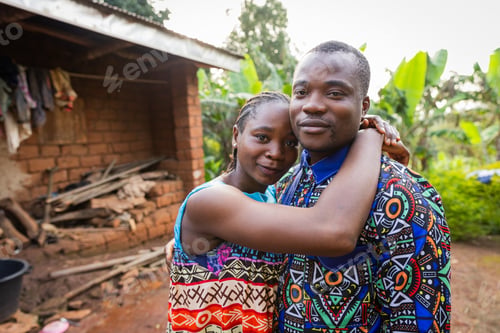 Preview: Young African couple in love embraced in front of their house in the village