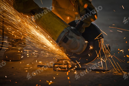 Preview: Man working with a steel, industrial workshop, closeup
