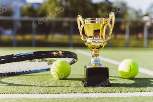 Preview: Golden champion cup with tennis racket and balls on the playing court. Sport award. Victory concept